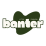 A graphic logo design featuring the word 'banter' in bold white lowercase letters with a dark olive green outline, layered over a dark olive green abstract blob shape. The words 'LITTLE FASHION' are printed in small white capital letters above the main word.